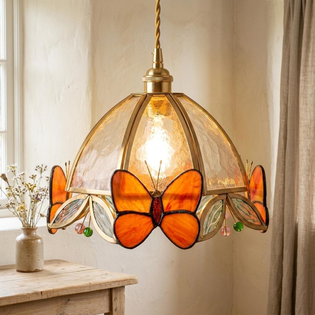 Orange Butterfly Stained Glass Pendant Light, Handmade Tiffany Style Lampshade, Cottagecore Ceiling Lamp, Floral Glass Shade