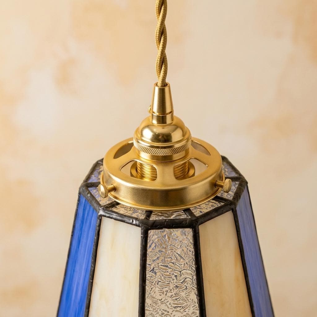 Handmade Blue Cream Stained Glass Pendant Light, Tapered Vintage Hanging Lamp