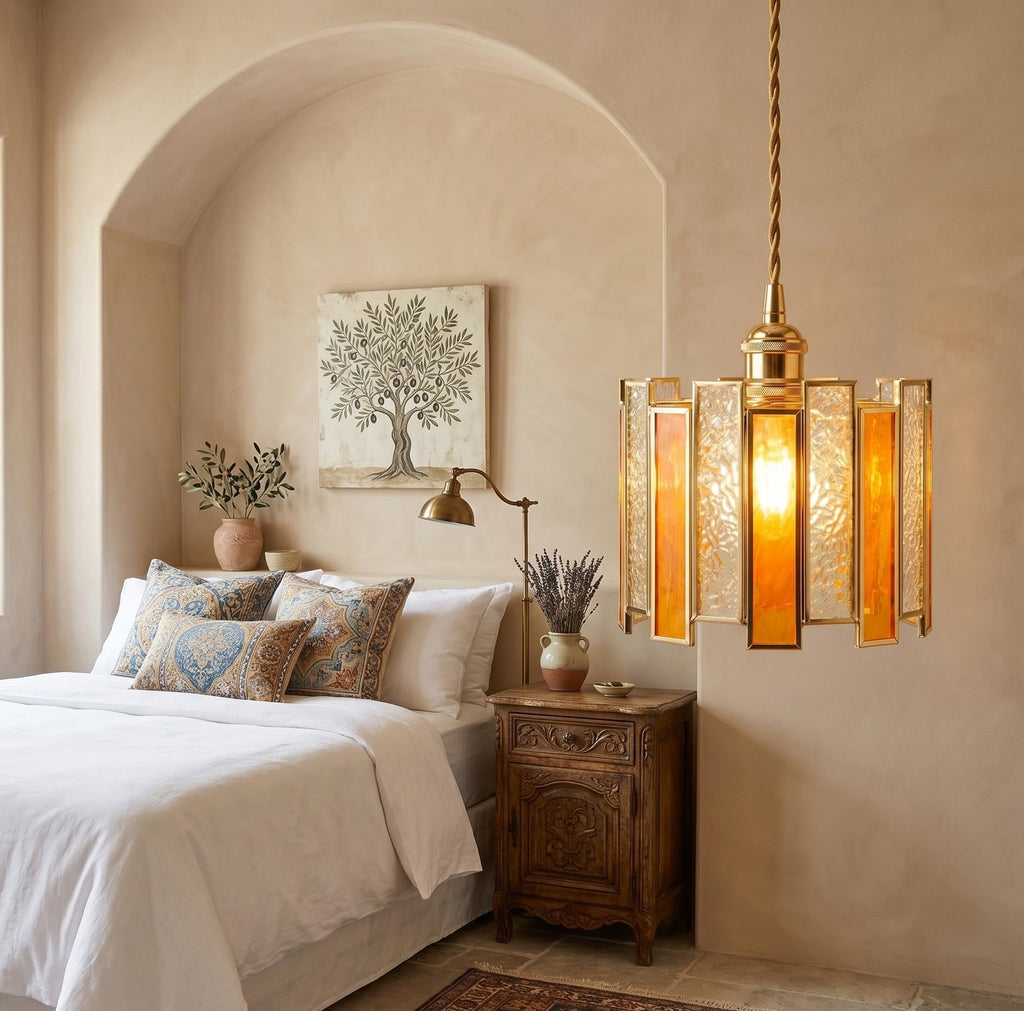 Handmade Amber Stained Glass Pendant Light, Art Deco Gold Hanging Lamp