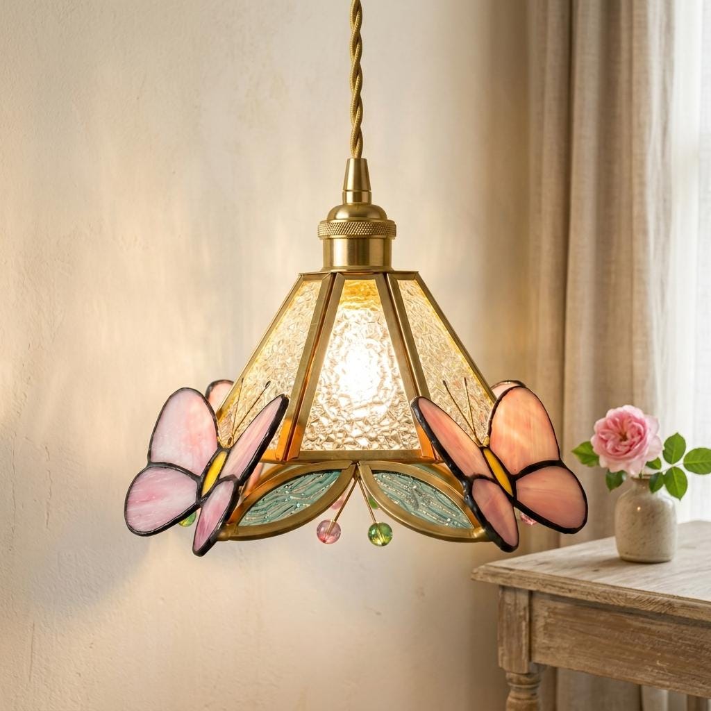 Stained Glass Butterfly Pendant Light Shade, Pink Cottagecore Art Nouveau Lamp