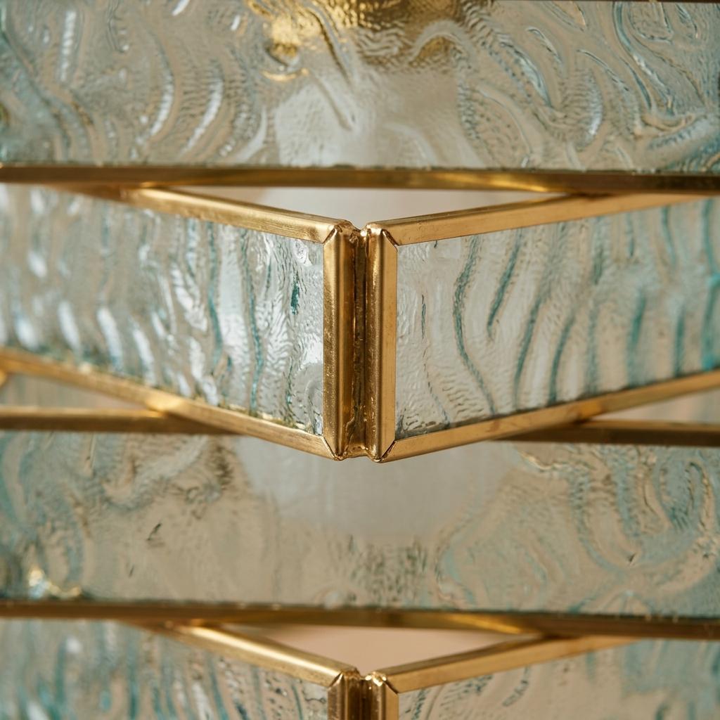 Aqua Blue Glass Stained Pendant Light, Stacked Geometric Brass Hanging Lamp