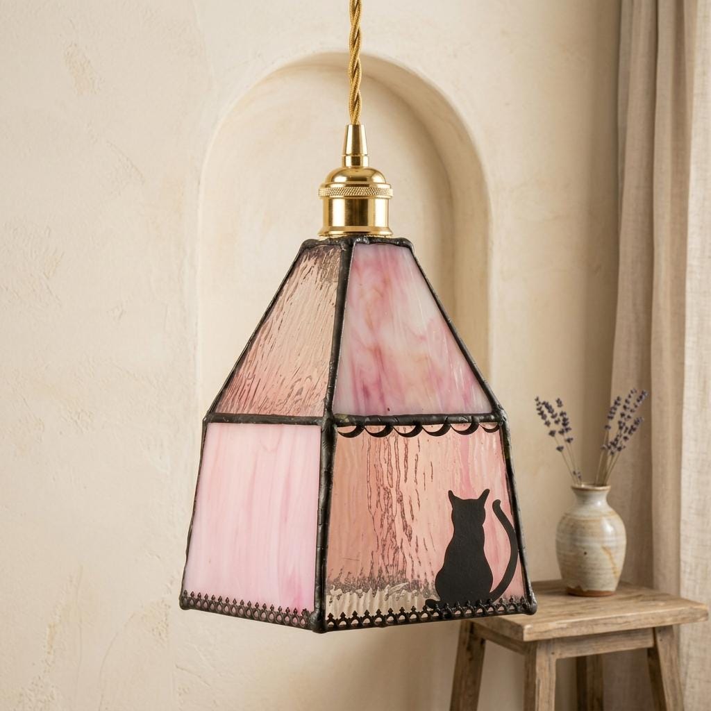 Handmade Pink Stained Glass Cat Lampshade, Vintage Style Replacement Shade