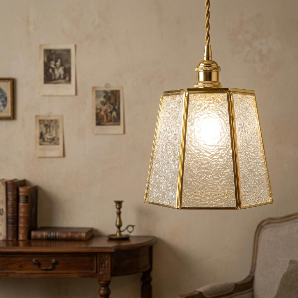 Textured Glass Pendant Light, Brass Tone Art Deco Hanging Lamp