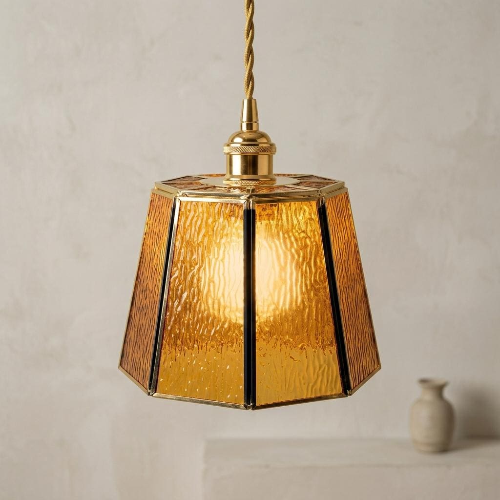 Amber Stained Glass Pendant Light, Small Geometric Tiffany Style Hanging Lamp, Vintage Honey Gold Ceiling Fixture