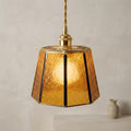Amber Stained Glass Pendant Light, Small Geometric Tiffany Style Hanging Lamp, Vintage Honey Gold Ceiling Fixture