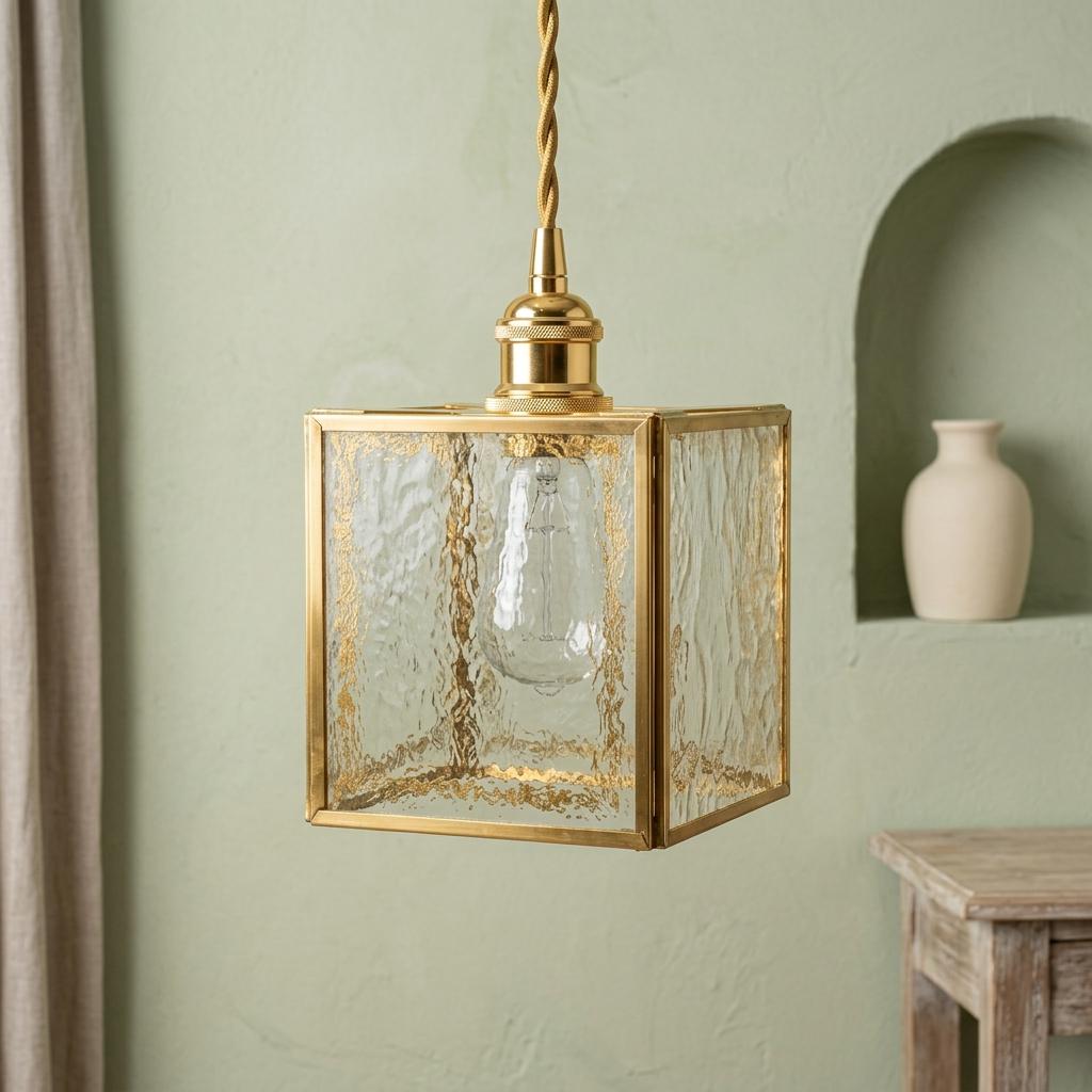 Textured Glass Pendant Light, Square Brass Frame Hanging Lamp, Vintage Kitchen Island Light (10cm)