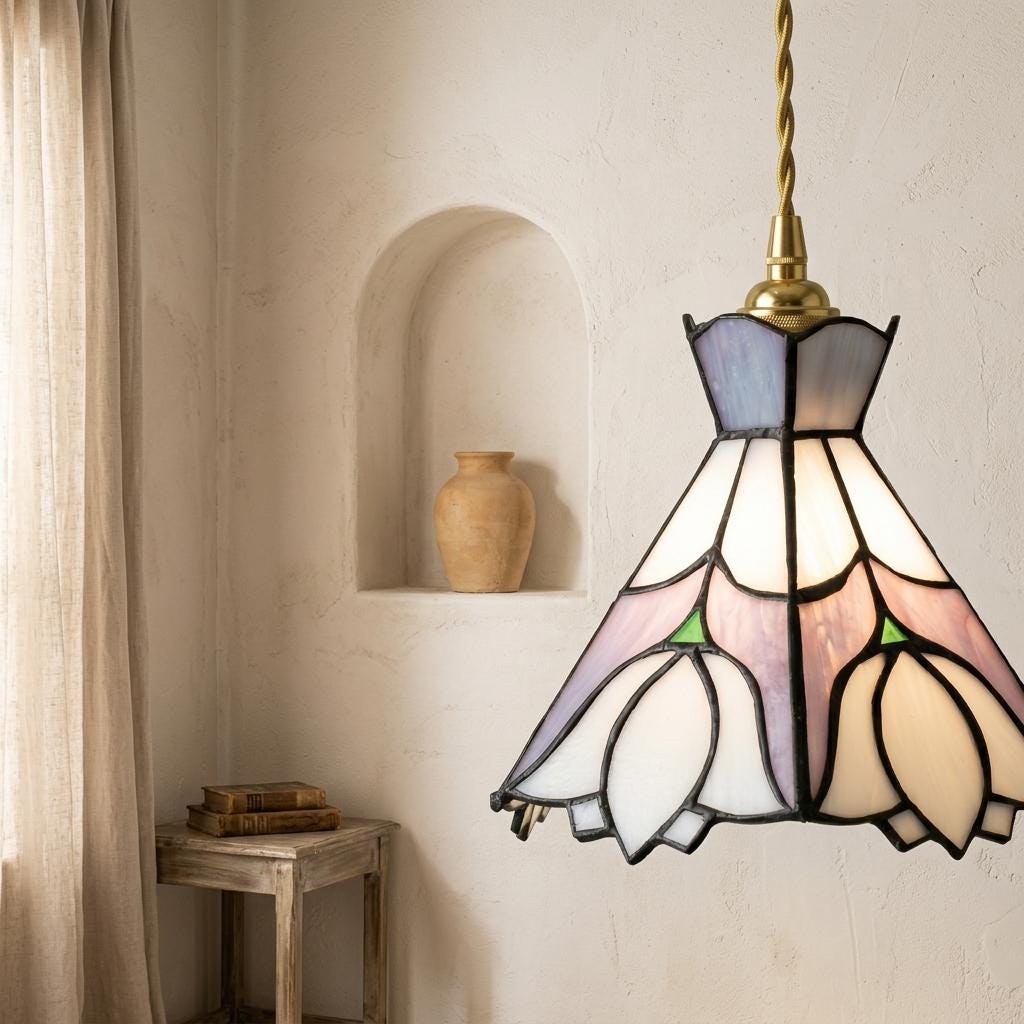 Stained Glass Lampshade, Pastel Blue Lavender Floral Tiffany Style Shade, Small Replacement Table Lamp Shade, 7.1 Inch Wide