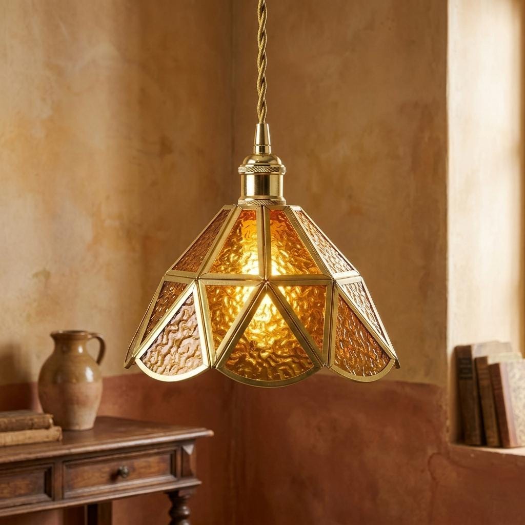 Amber Stained Glass Pendant Light, Scalloped Tiffany Style Hanging Lamp, Vintage Inspired Small Ceiling Light