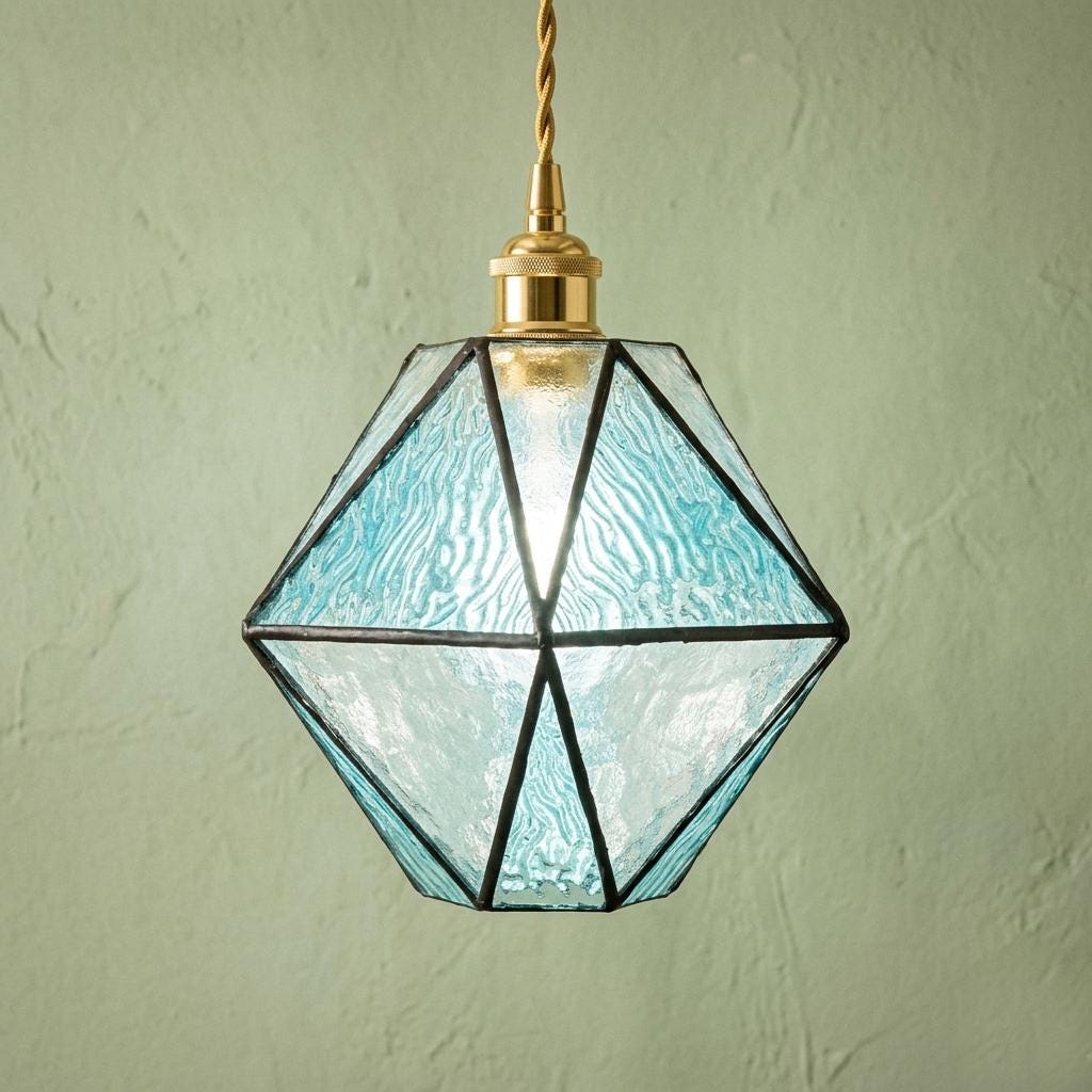Handmade Geometric Stained Glass Pendant Light, Aqua Blue Textured Glass Hanging Lamp