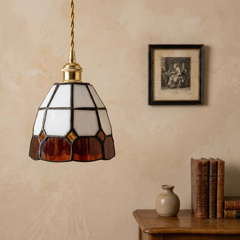 Mini Stained Glass Pendant Light, Cream and Amber Tiffany Style Hanging Lamp, Geometric Vintage Ceiling Light