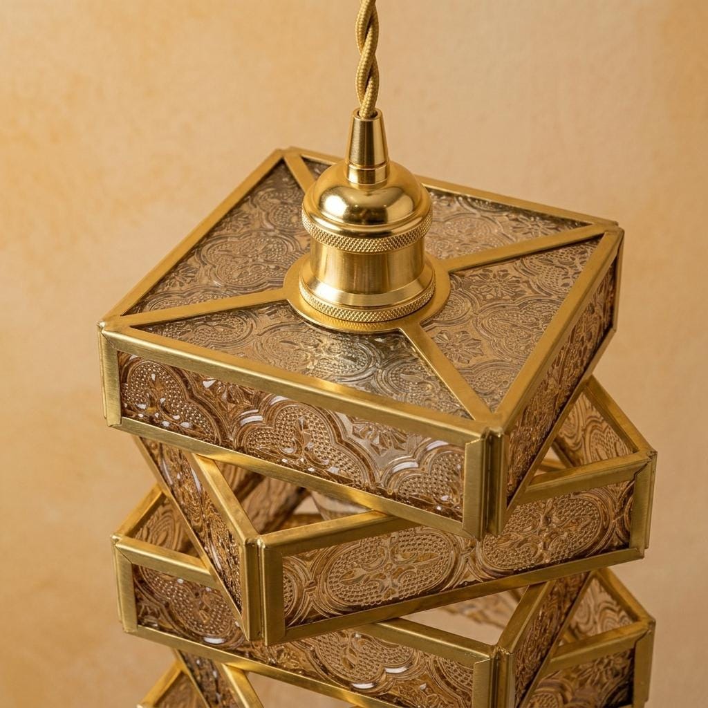 Amber Stained Glass Pendant Light, Geometric Art Deco Hanging Lamp, Brass Tone Fixture