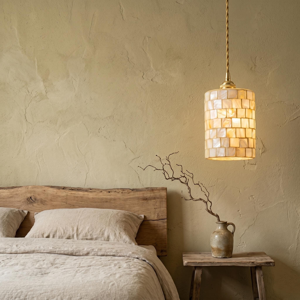Handmade Mother of Pearl Mosaic Pendant Light, Cylindrical Coastal Lamp