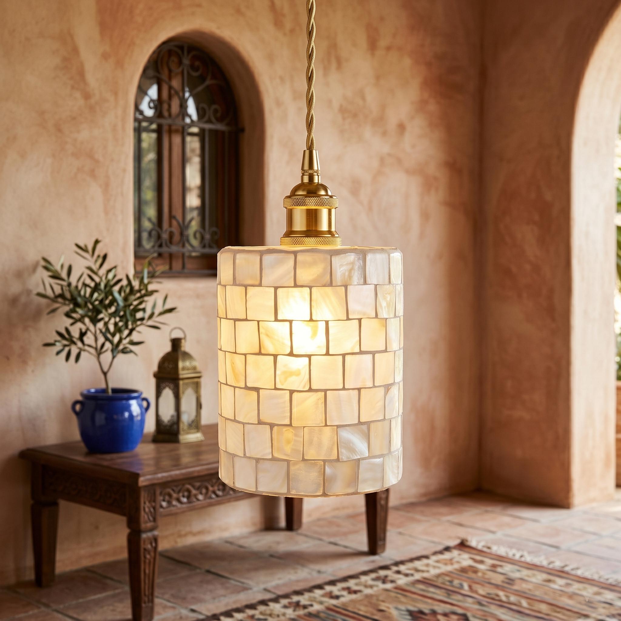 Handmade Mother of Pearl Mosaic Pendant Light, Cylindrical Coastal Lamp