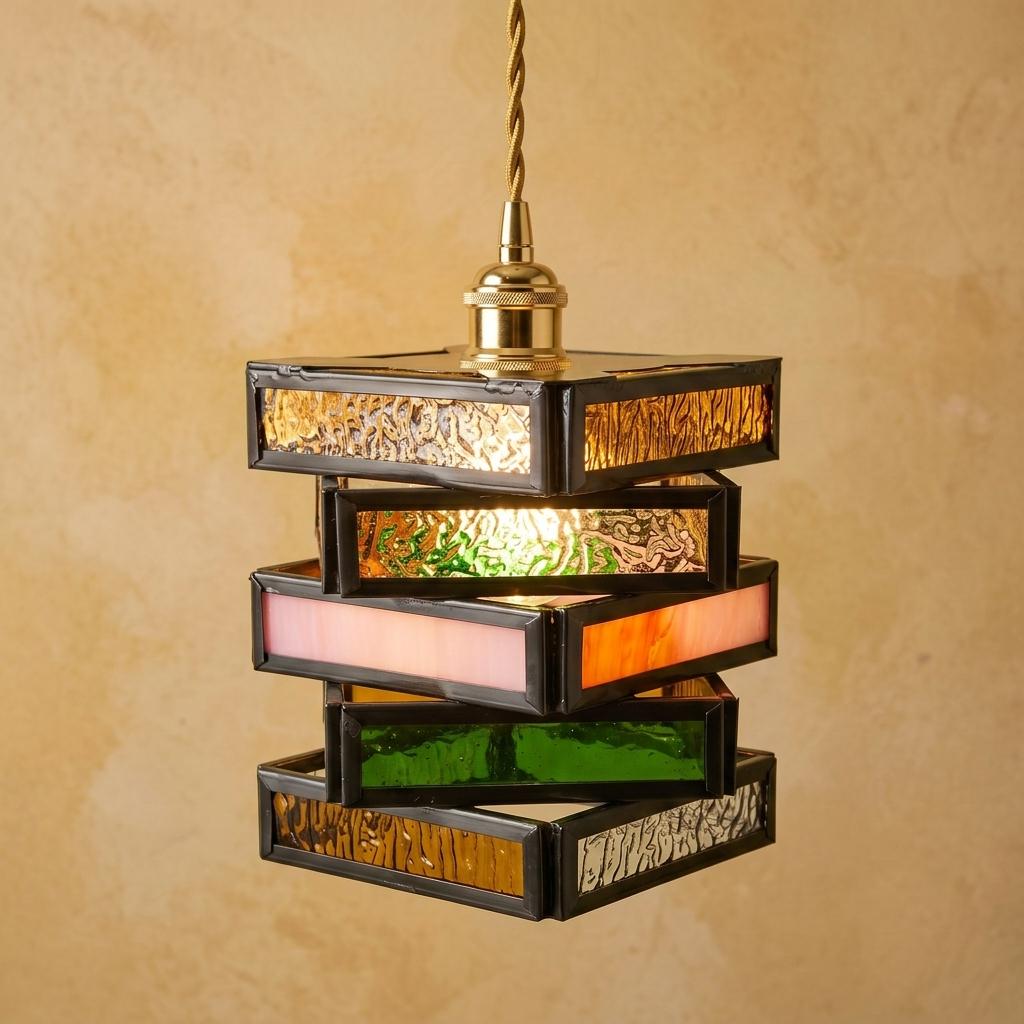 Stained Glass Pendant Light, Layered Geometric Hanging Lamp, Colorful Art Deco Boho Lighting