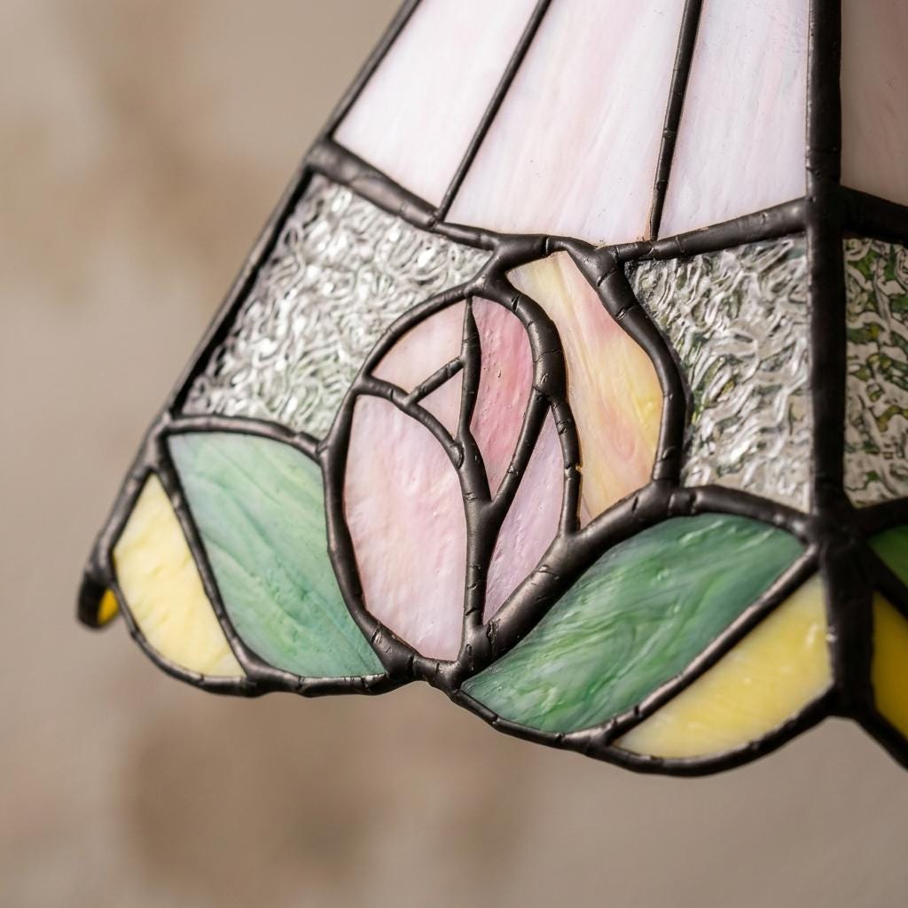 Handmade Stained Glass Lamp Shade, Pink Rose Floral Replacement, Vintage Cottage Decor
