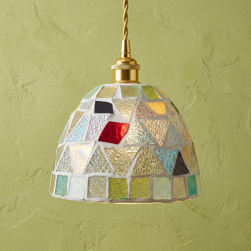 Pale mosaic glass bell pendant with red and blue tile accents