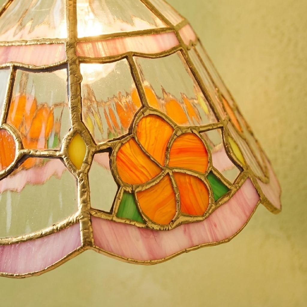 Handmade Stained Glass Pendant Light, Pink Floral Tiffany Style Hanging Lamp, Cottagecore Flower Ceiling Light, Vintage Art Glass Decor
