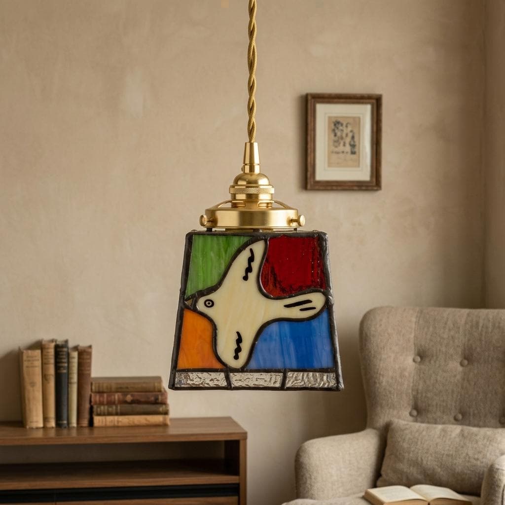 Handmade Stained Glass Pendant Light, White Bird Hanging Lamp, Colorful Boho Fixture