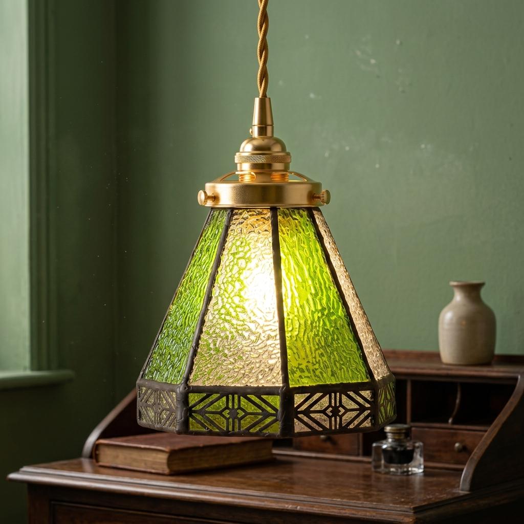 Green Stained Glass Pendant Light, Geometric Art Deco Hanging Lamp, Vintage Boho Kitchen Accent