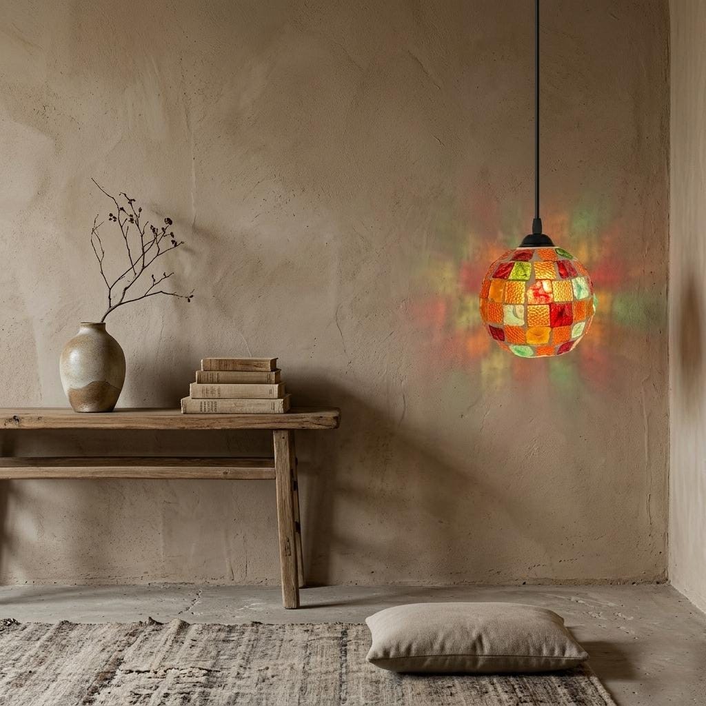 Handcrafted Mosaic Glass Pendant Light , Bohemian Art Glass Lamp, Eclectic Decor