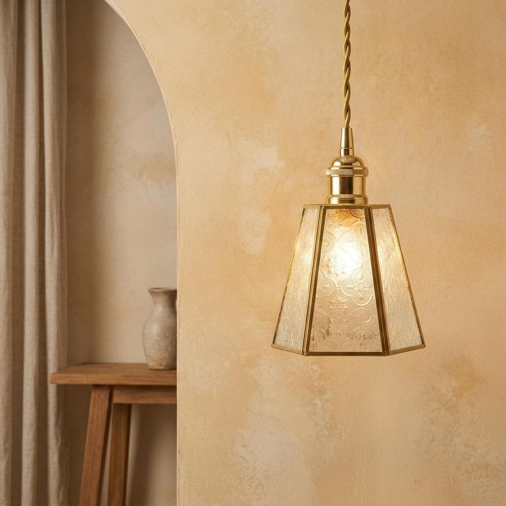 Textured Glass Pendant Light, Gold Tone Geometric Shade, Vintage Art Deco Hanging Lamp