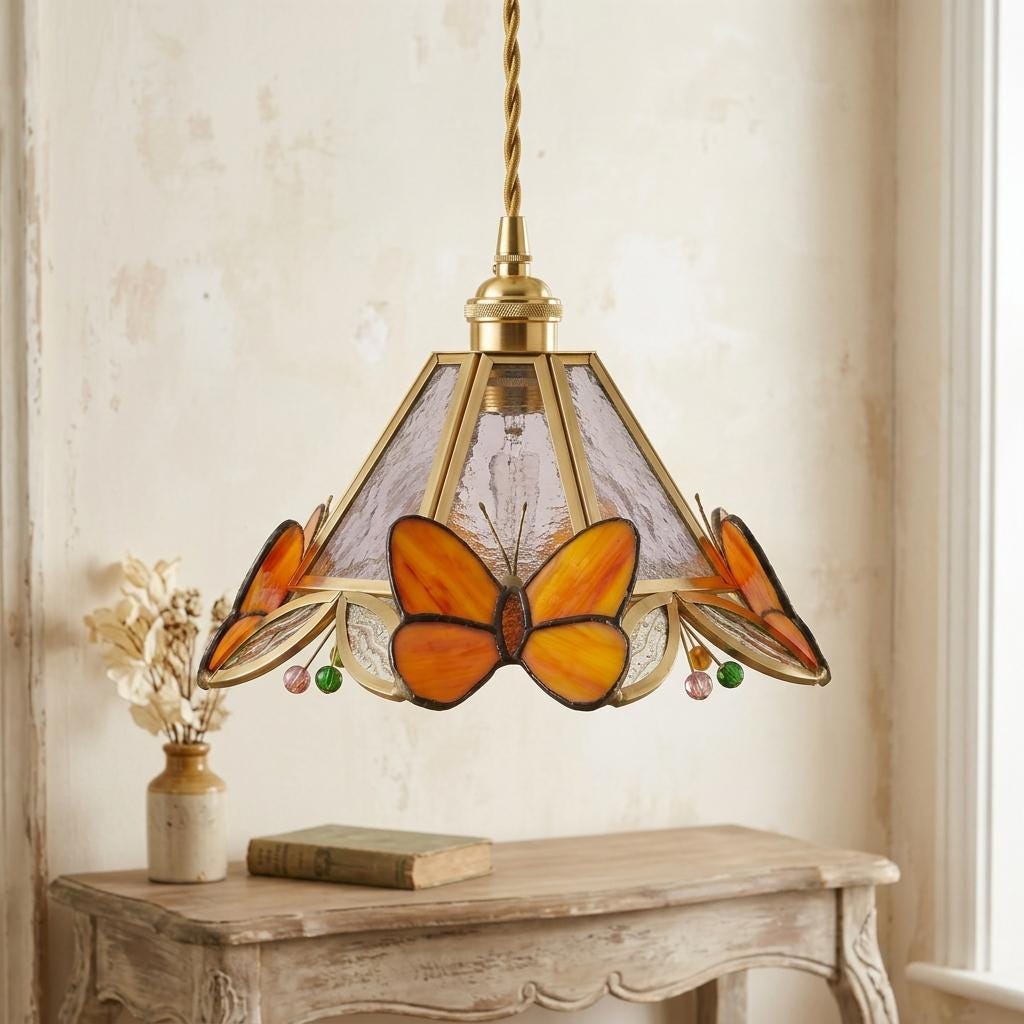 Orange Butterfly Stained Glass Pendant Light, Handmade Tiffany Style Hanging Lamp Shade, Vintage Cottagecore Kitchen Decor