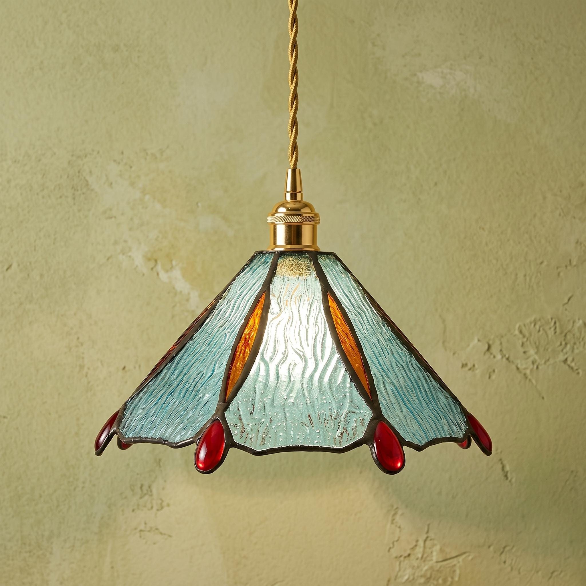 Handmade Stained Glass Pendant Light, Aqua Blue Tiffany Style Hanging Lamp,Floral Glass Ceiling Light, Ruby Red Accent Cottagecore Decor