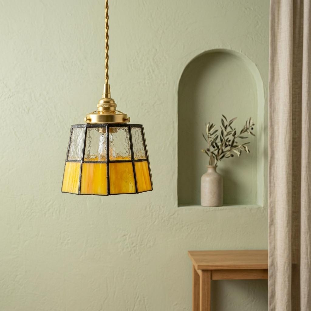 Stained Glass Pendant Light, Amber Yellow and Clear Mini Hanging Lamp, Tiffany Style Geometric Glass Ceiling Light
