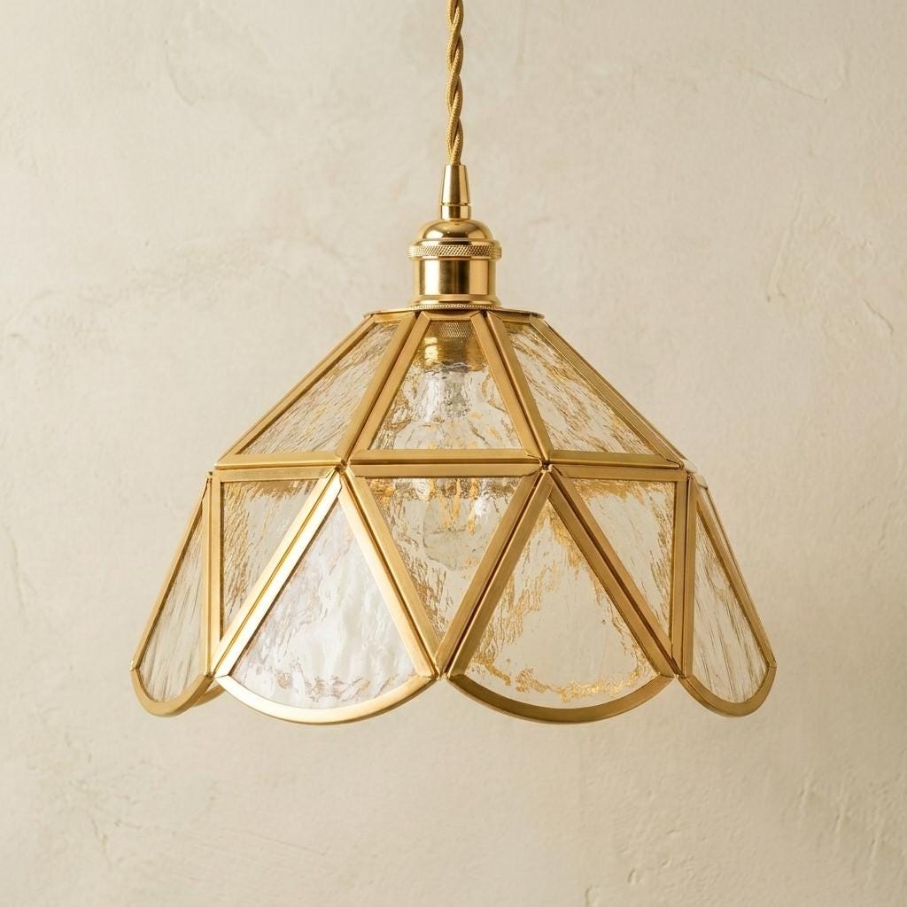 Textured Glass Pendant Light, Geometric Copper Tone Hanging Lamp, Scalloped Vintage Style