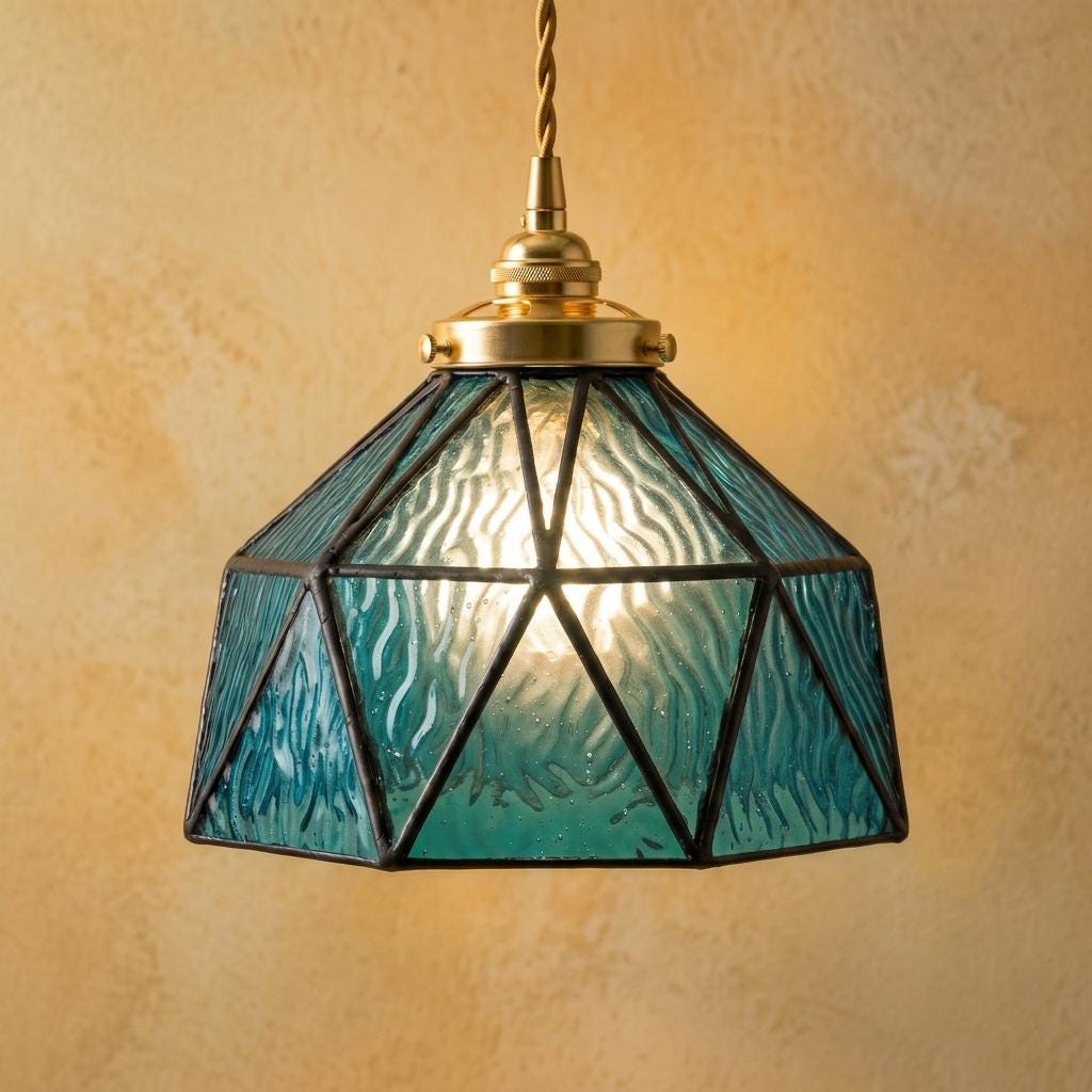 Teal Geometric Stained Glass Pendant Light, Textured Vintage Style Hanging Lamp
