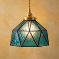 Teal Geometric Stained Glass Pendant Light, Textured Vintage Style Hanging Lamp