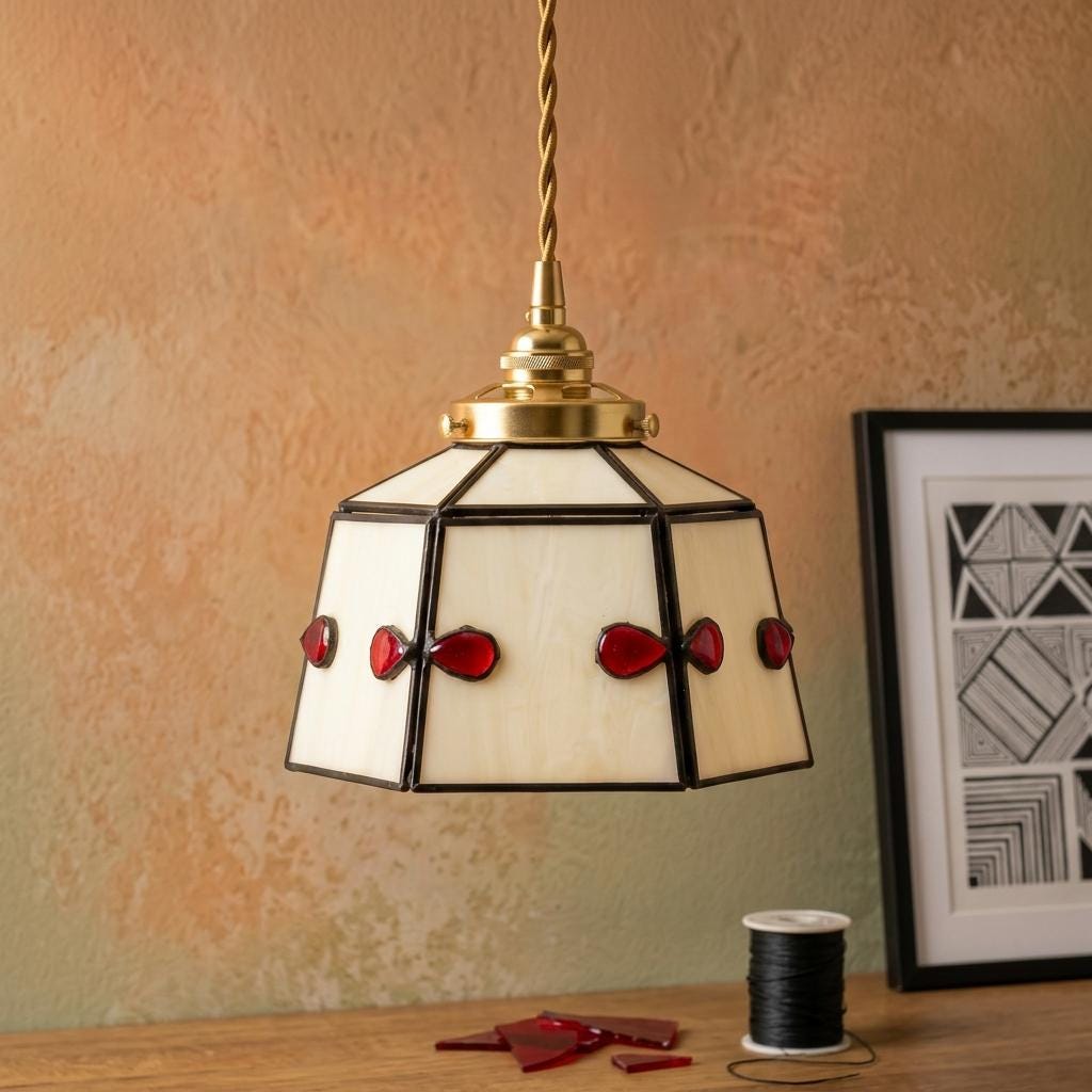 Small Stained Glass Pendant Light, White Red Accent Hanging Lamp