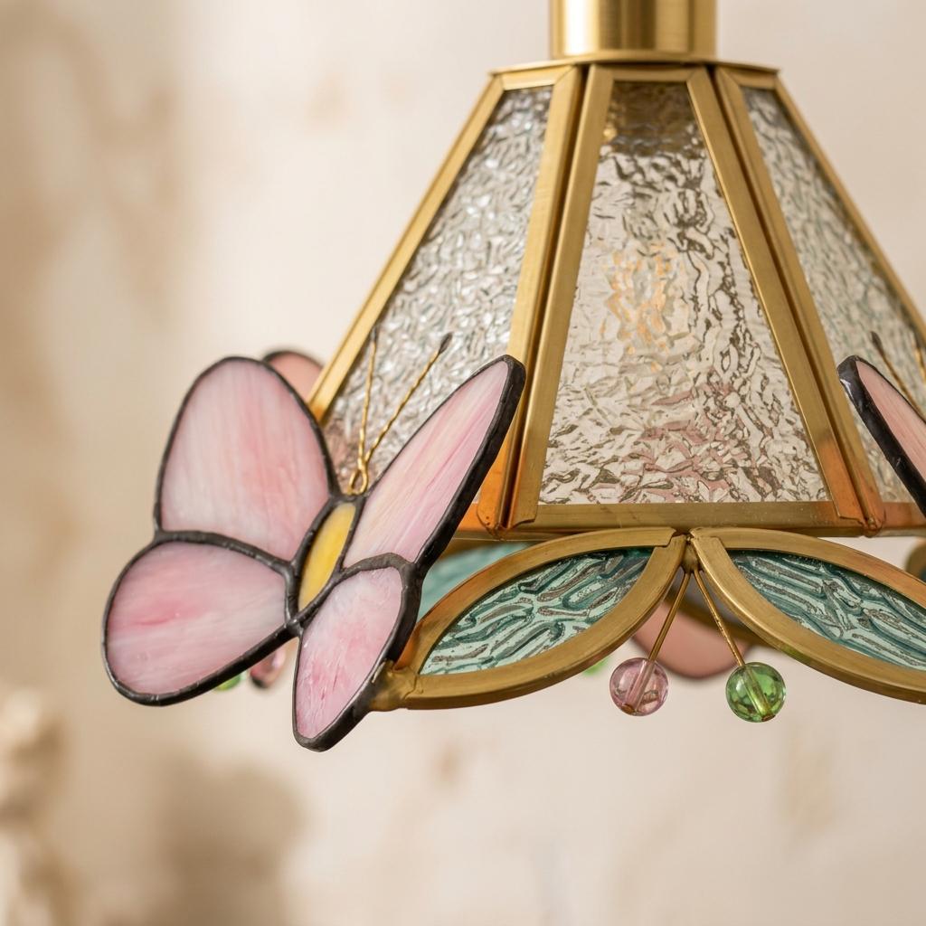 Stained Glass Butterfly Pendant Light Shade, Pink Cottagecore Art Nouveau Lamp