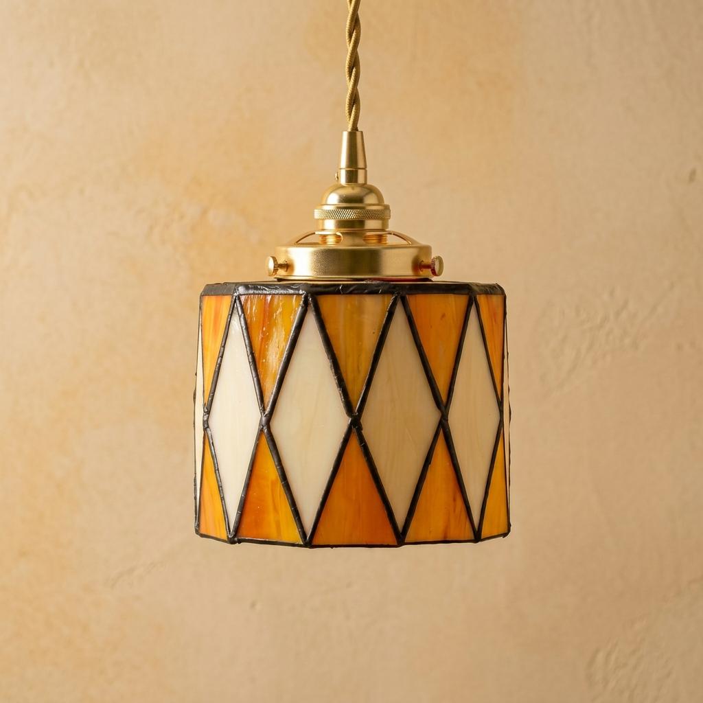 Handmade Geometric Stained Glass Pendant Light, Amber Orange Yellow Boho Fixture