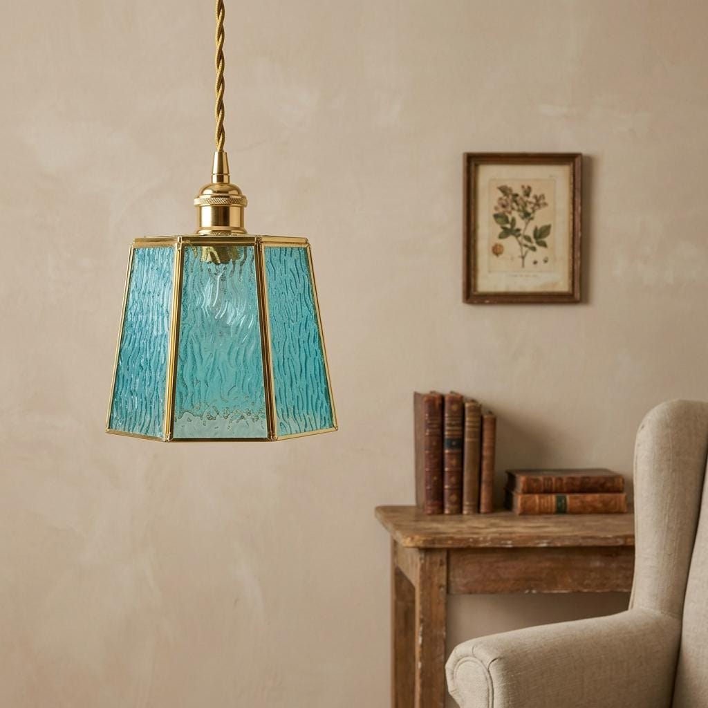 Aqua Blue Textured Glass Pendant Light, Geometric Coastal Entryway Fixture