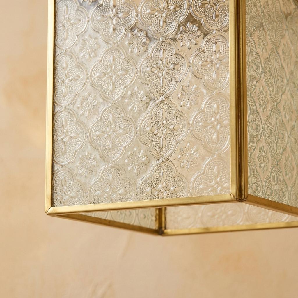 Textured Glass Pendant Light, Square Brass Tone Hanging Lamp, Vintage Style Entryway Kitchen Lighting