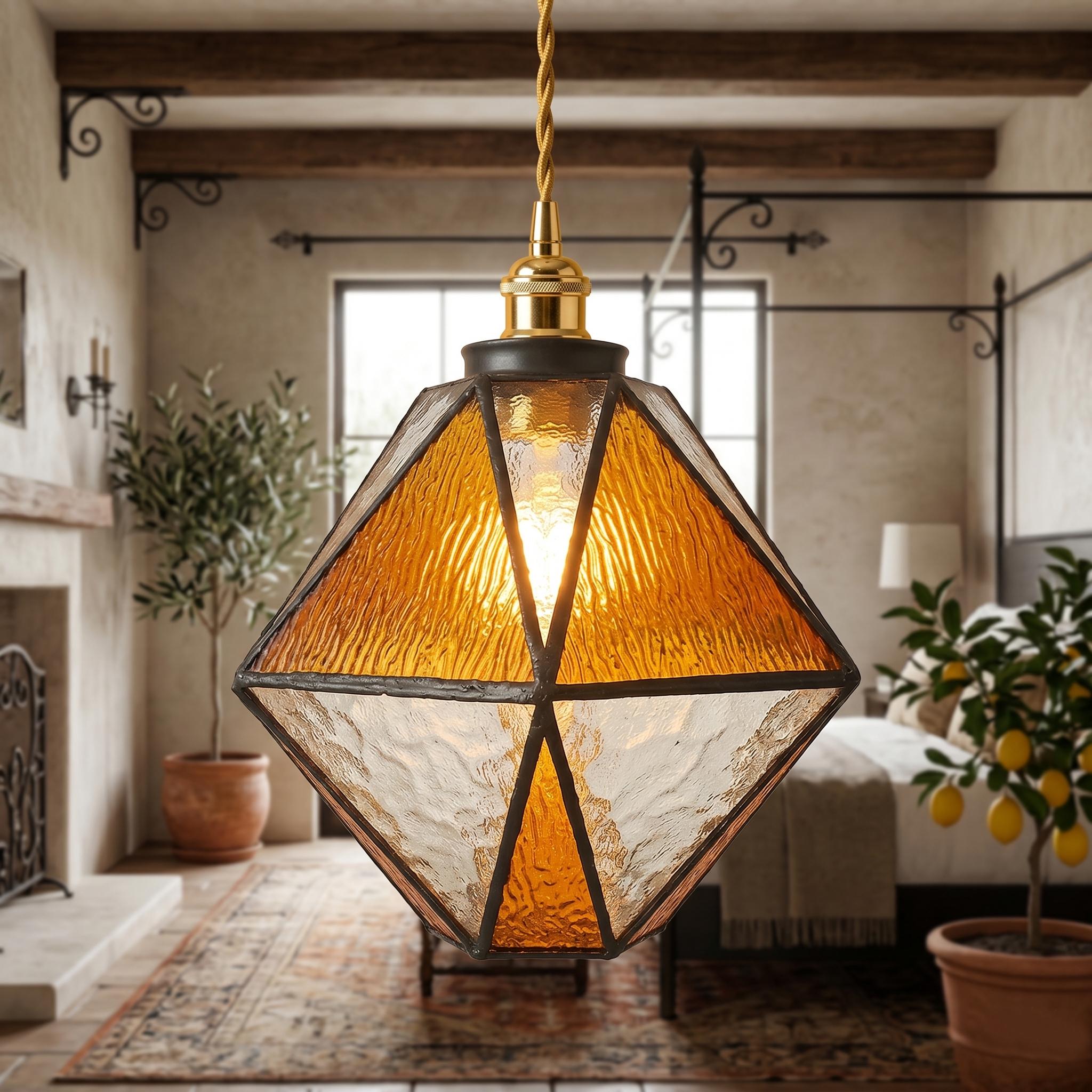 Handmade Amber Stained Glass Pendant Light, Geometric Diamond Hanging Lamp, Tiffany Style Honey Gold Ceiling Light, Vintage Decor