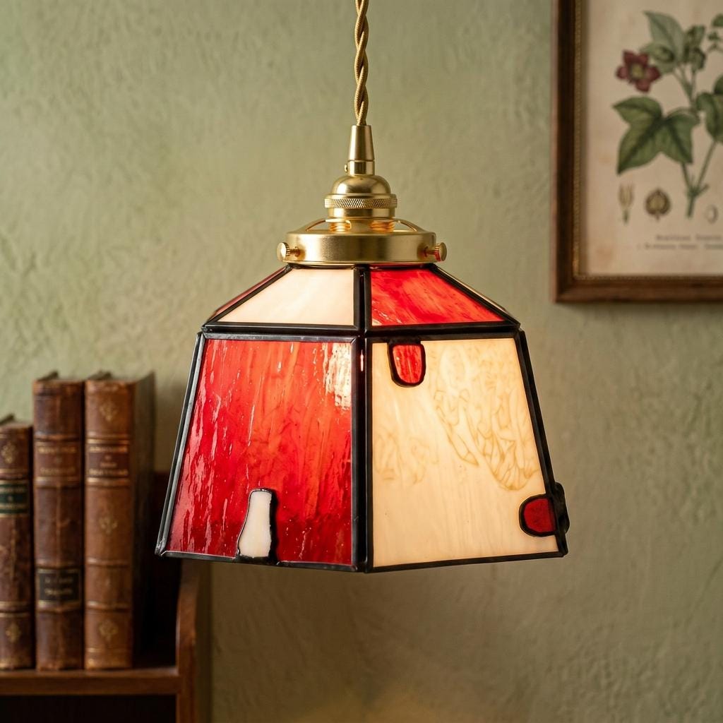 Red Cream Geometric Stained Glass Pendant Light, Artisan Hanging Lamp, Kitchen Entryway Decor