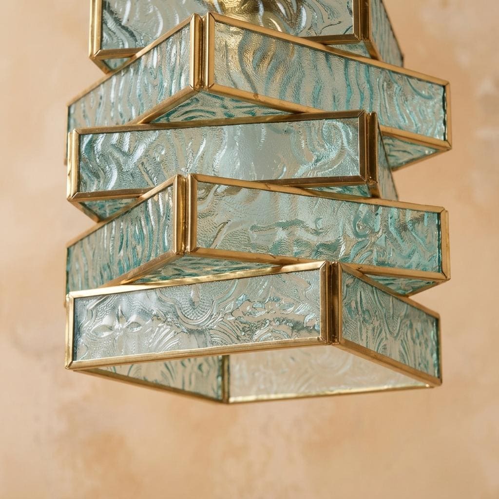 Aqua Blue Glass Stained Pendant Light, Stacked Geometric Brass Hanging Lamp