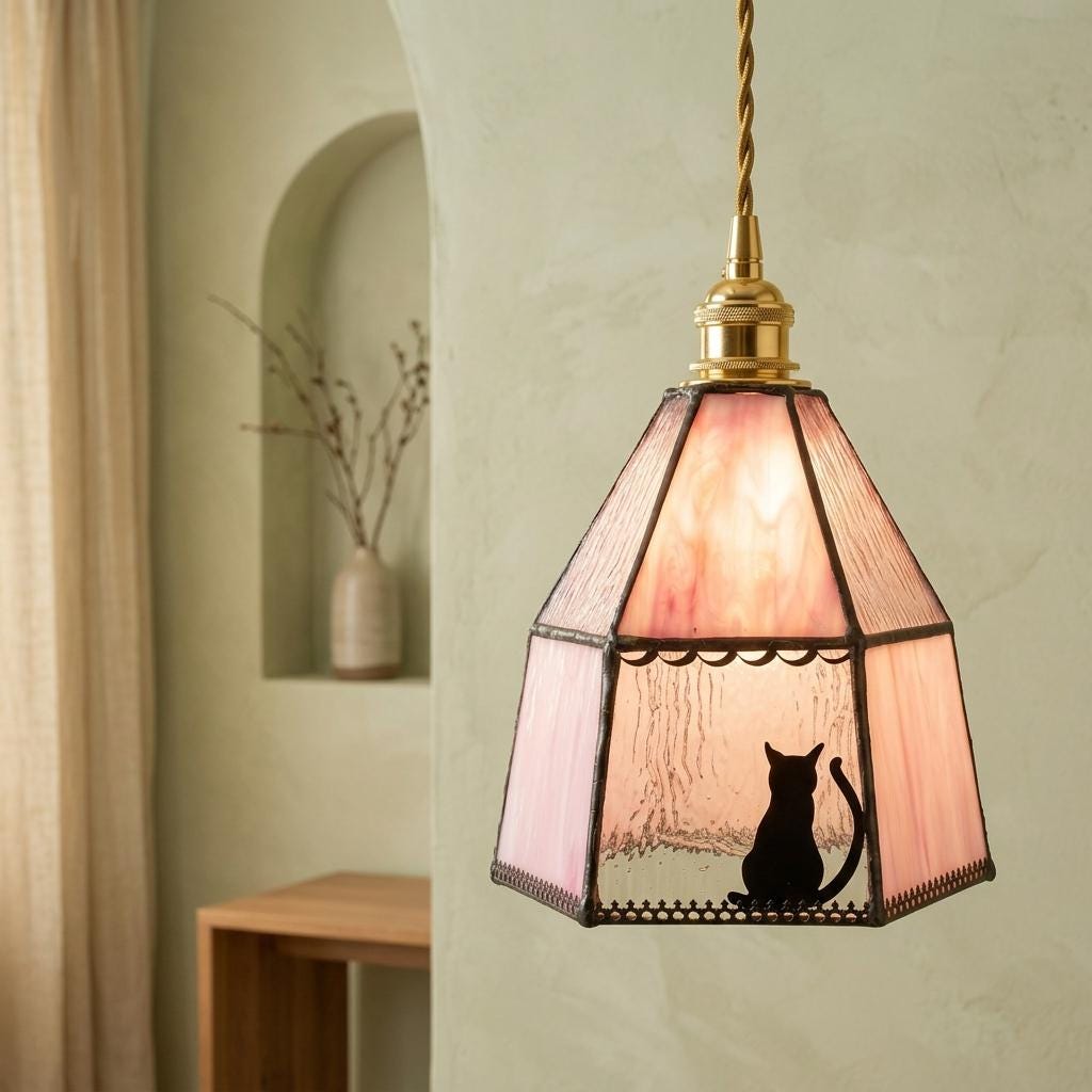 Handmade Pink Stained Glass Cat Lampshade, Vintage Style Replacement Shade