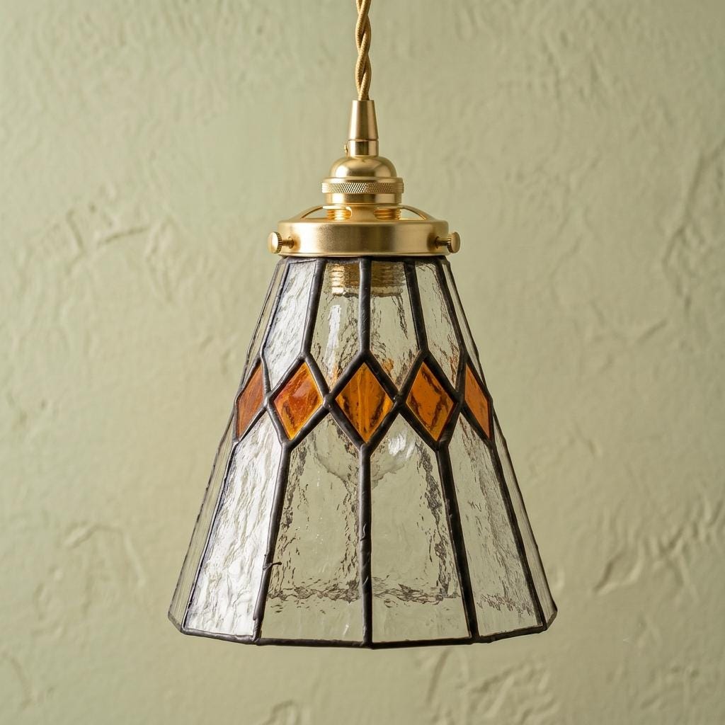 Stained Glass Pendant Light, Clear Textured Amber Diamond Shade, Vintage Kitchen Island Fixture
