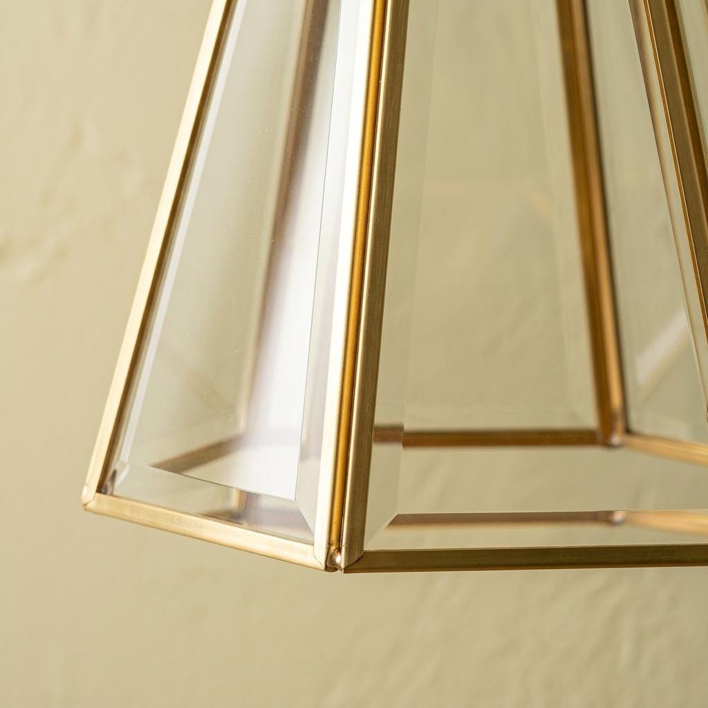 Clear Glass Geometric Pendant Light, Brass Tone Art Deco Hanging Lamp