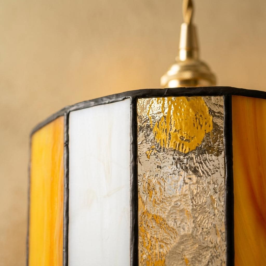 Amber Cream Stained Glass Pendant Light, Geometric Drum Hanging Lamp, Mid Century Decor