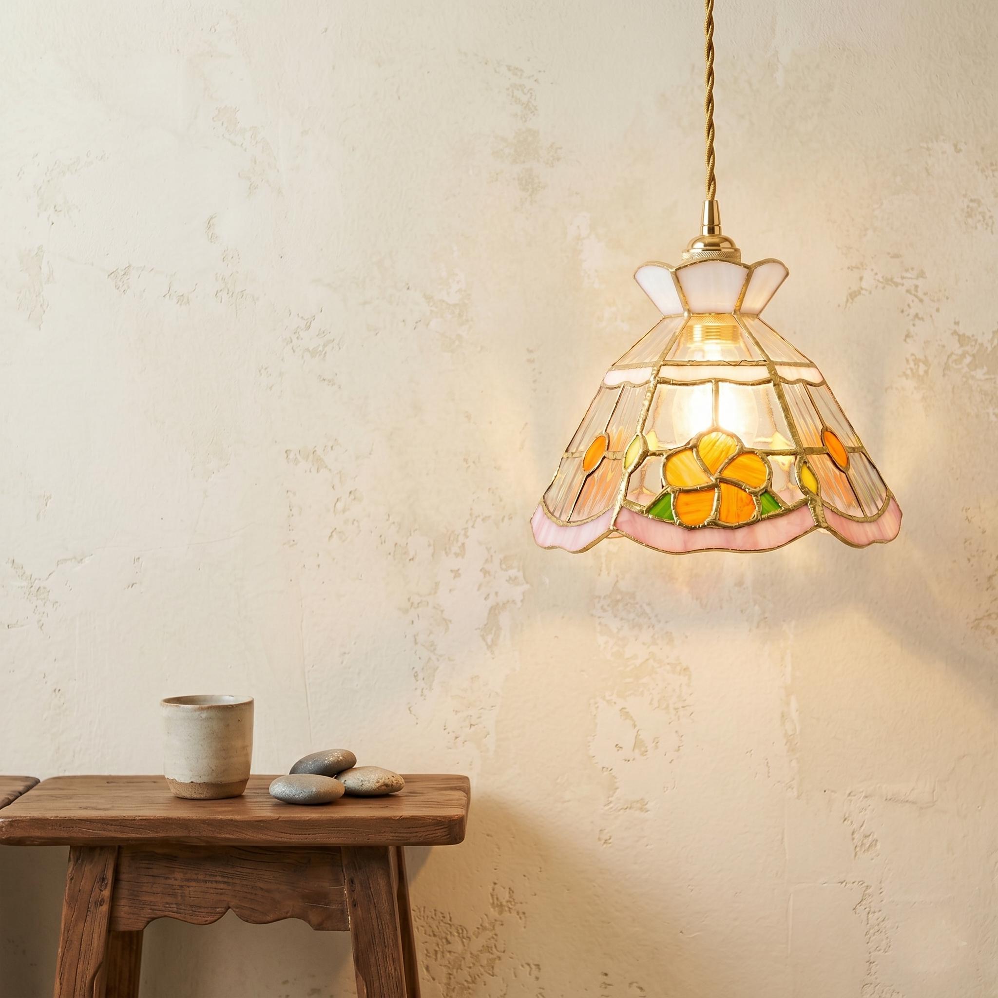 Handmade Stained Glass Pendant Light, Pink Floral Tiffany Style Hanging Lamp, Cottagecore Flower Ceiling Light, Vintage Art Glass Decor