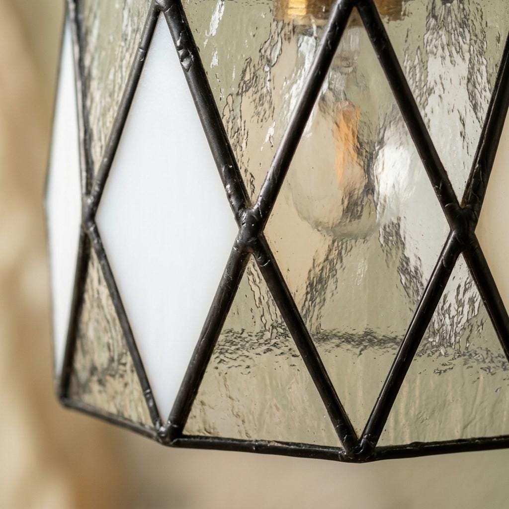 Black White Stained Glass Pendant Light, Geometric Diamond Hanging Lamp, Art Deco Ceiling Light
