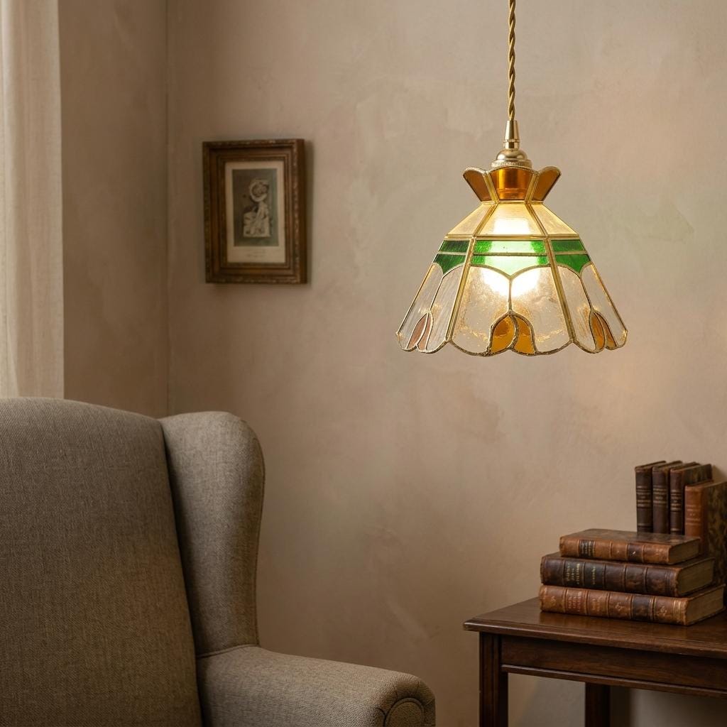 Stained Glass Pendant Light Shade, Green Amber Floral Art Glass Hanging Lamp