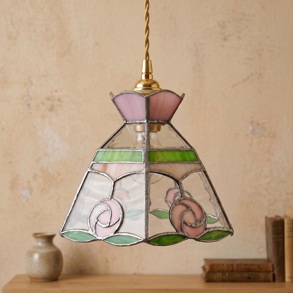 Stained Glass Lamp Shade, Pink Rose Tiffany Style Shade, Small Floral Glass Light Shade, Vintage Handmade Replacement Lamp Shade
