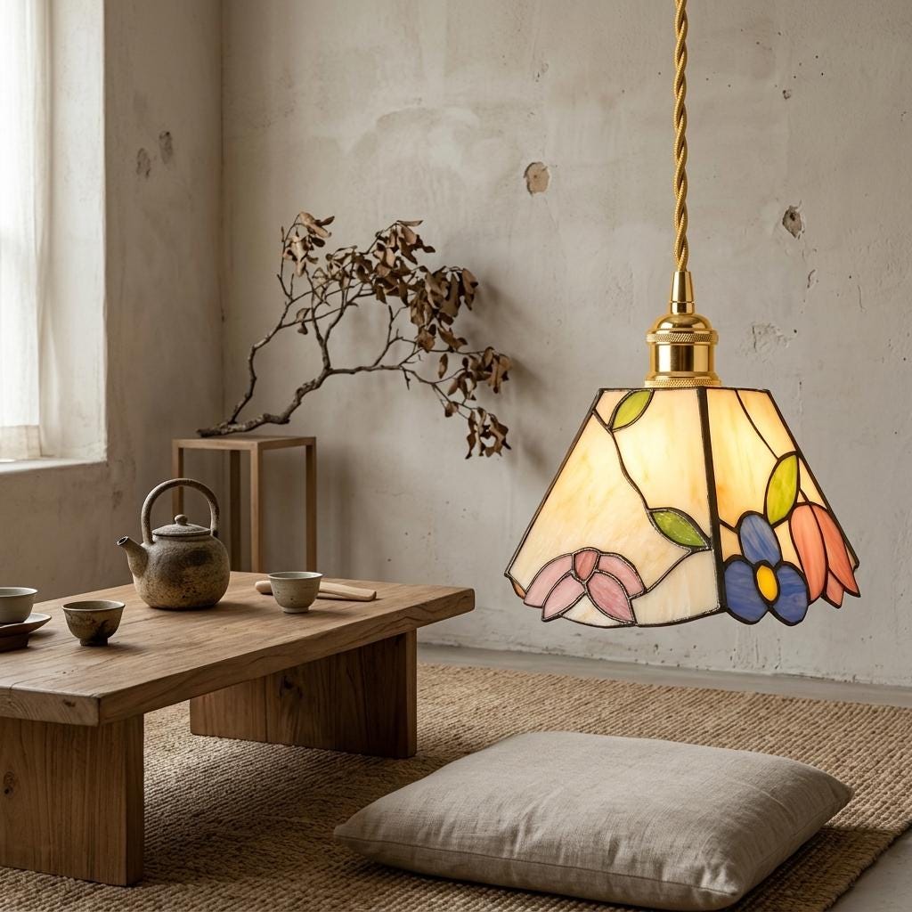 Handmade Floral Stained Glass Pendant Light, Tiffany Style Tulip Flower Hanging Lamp, Cottagecore Ceiling Light, Small Kitchen Island Light