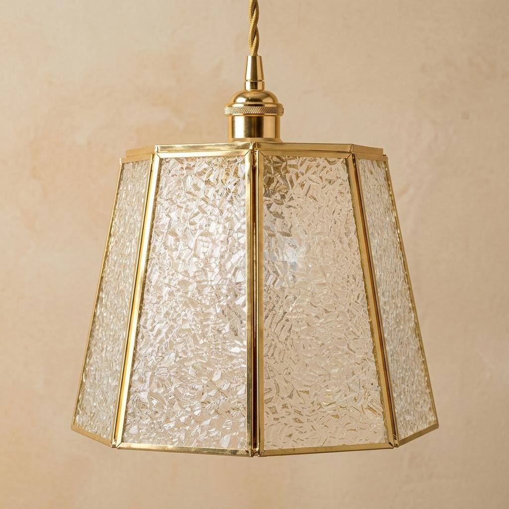 Textured Glass Pendant Light, Brass Tone Art Deco Hanging Lamp