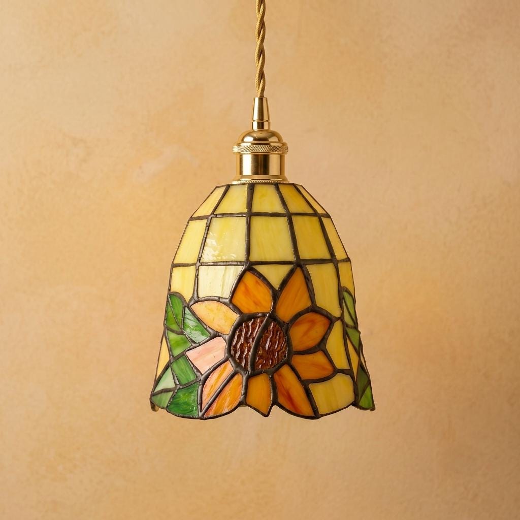 Sunflower Stained Glass Pendant Light, Yellow Orange Tiffany Style Hanging Lamp, Small Floral Ceiling Light, Cottage Kitchen Decor